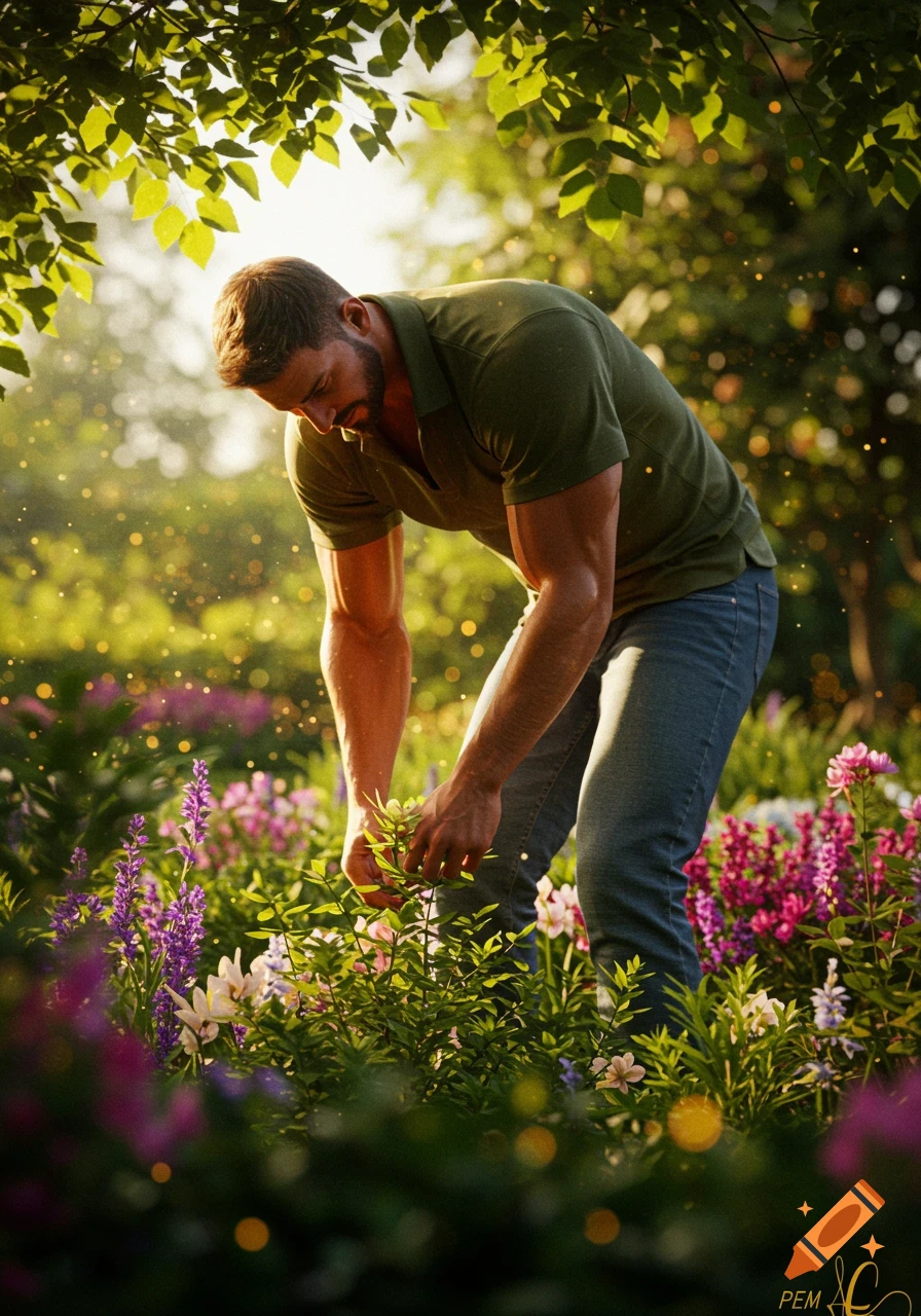 A man in a green shirt and jeans bends over, tending to plants in a sunlit garden filled with colorful flowers.