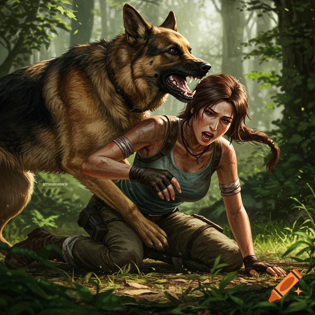 A detailed illustration shows Lara Croft on the ground, a snarling German Shepherd dog looming over her in a forest.