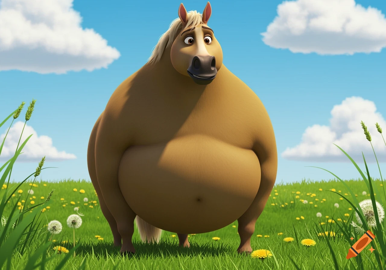 A cartoonishly fat horse with a huge belly stands in a green field under a blue sky with clouds.