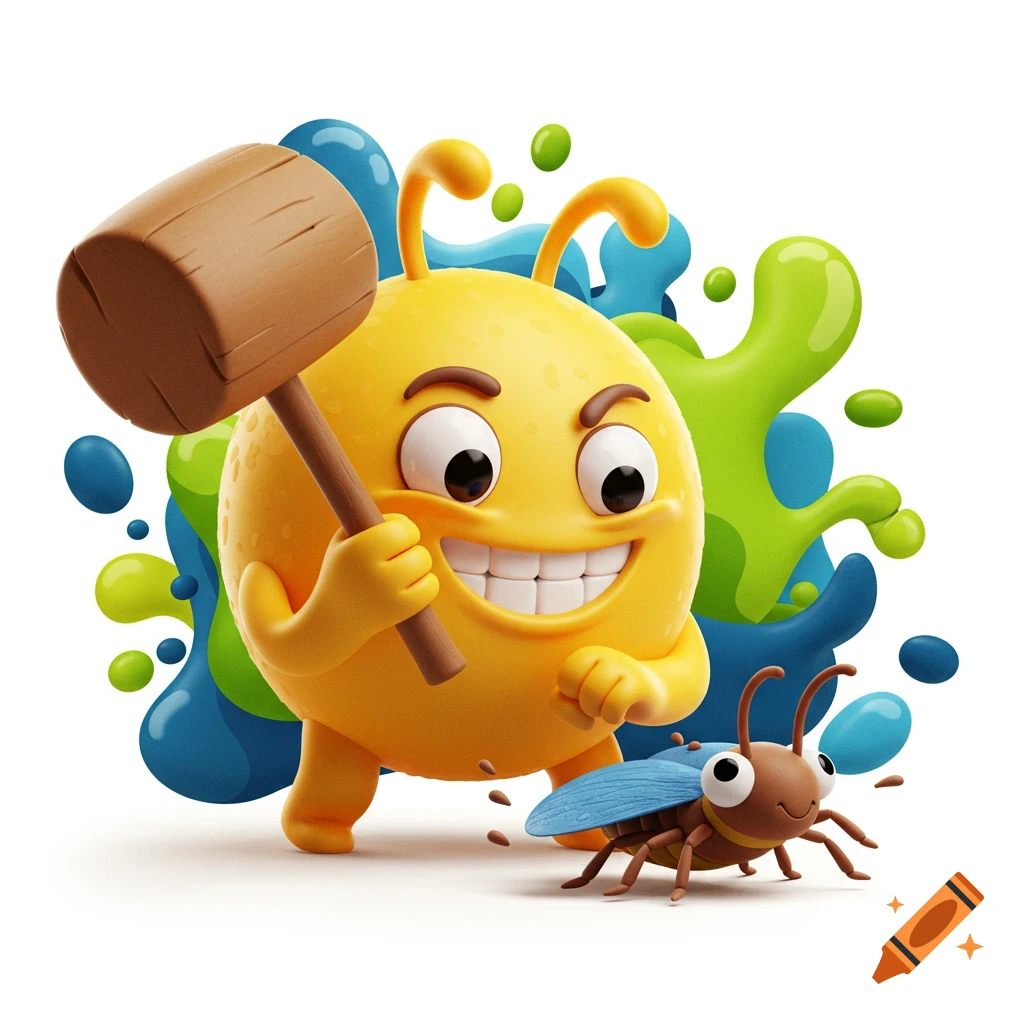 A grinning yellow emoji with antennae holds a wooden mallet above a small brown beetle, against a background of colorful splatters in a 3D cartoon style.
