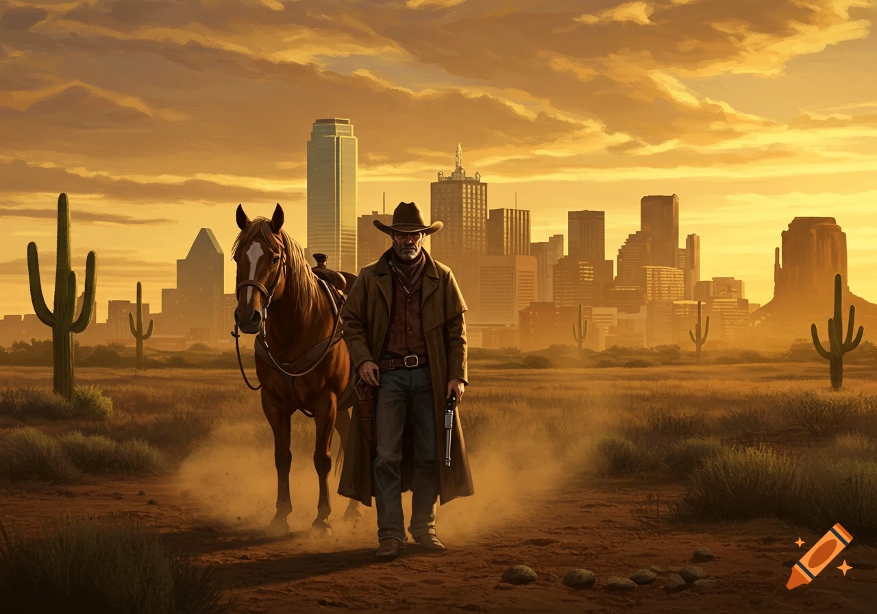 A cowboy and his horse stand in a dusty field with saguaro cacti, facing a city skyline and distant mesa under a golden sunset sky.