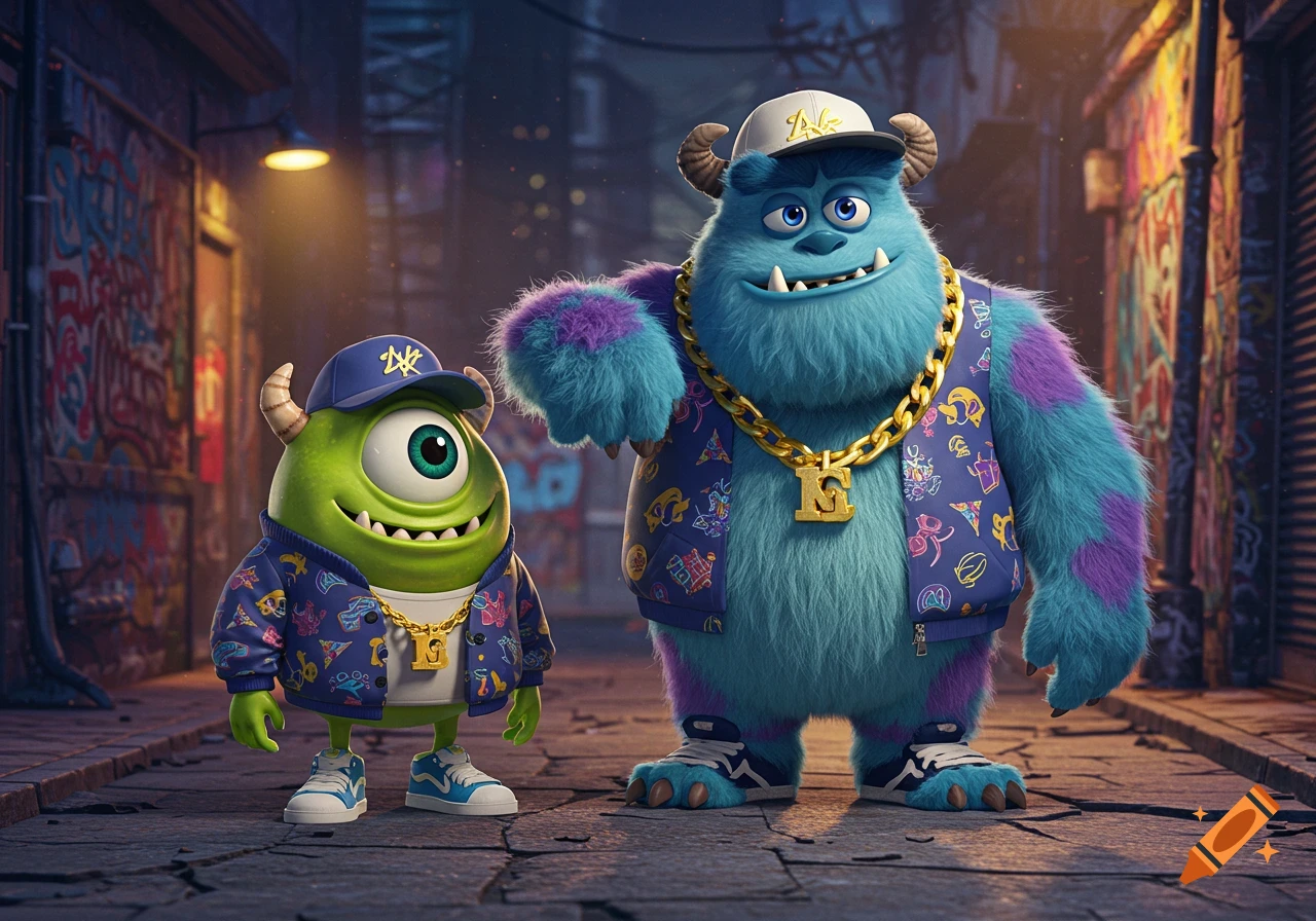 Mike Wazowski and Sulley-inspired monsters in hip hop streetwear, gold chains, and caps, standing on a graffiti-covered urban street.
