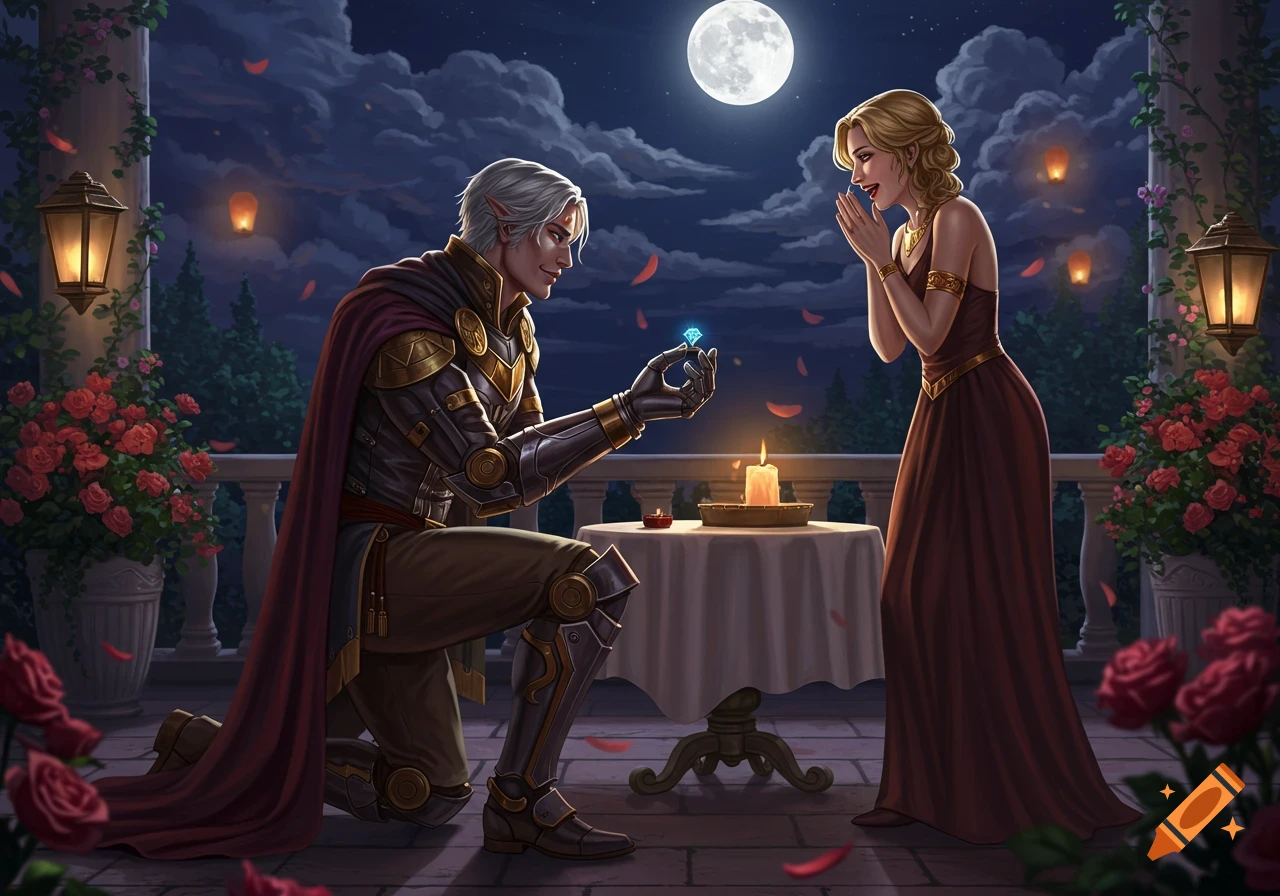 A man in fantasy armor kneels, proposing with a glowing gem to a surprised woman on a moonlit balcony with roses. Digital art.
