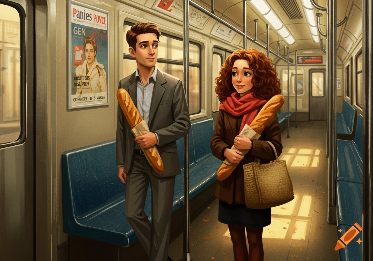A man and a woman with baguettes stand on a subway train in an illustrative style.