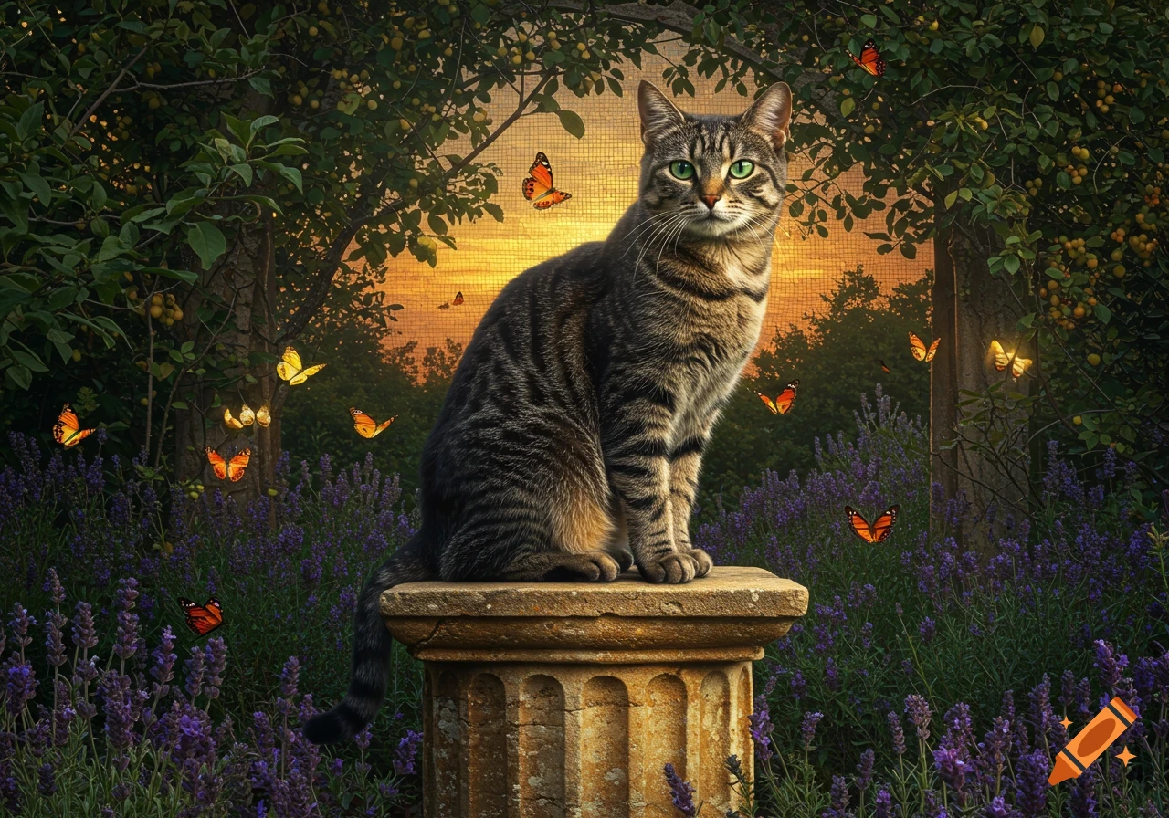 A tabby cat sits on a stone pedestal in a lush lavender garden at sunset, surrounded by colorful butterflies.