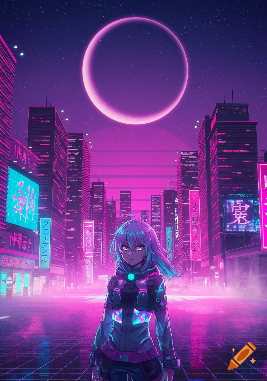An anime character stands in a neon-lit cyberpunk city with tall buildings and a large glowing moon in the purple sky.