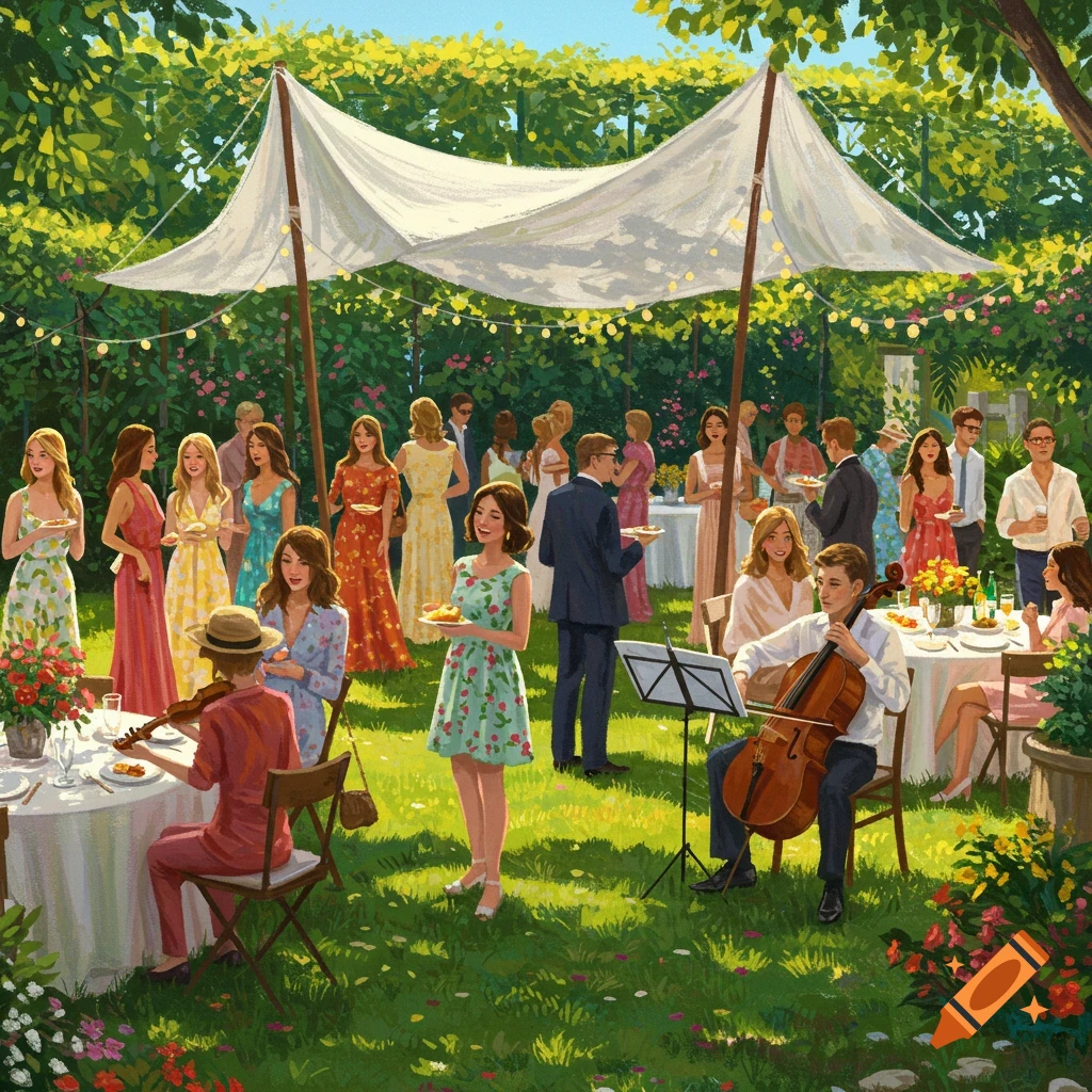 A vibrant illustration of a happy garden party with people mingling, dining, and musicians playing under a white canopy.