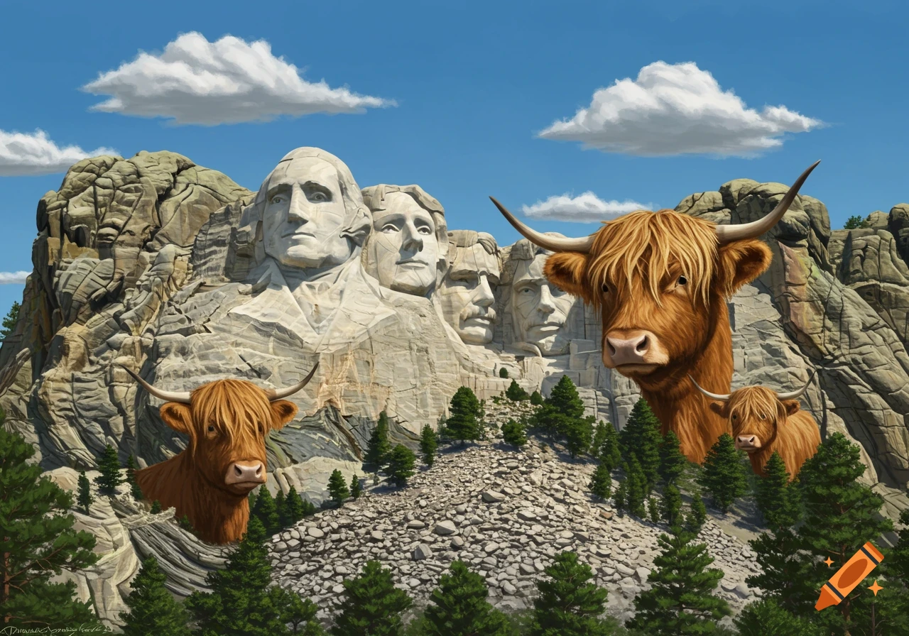 Mount Rushmore featuring large Highland cow heads replacing the presidents, with other cows in the rocky foreground.