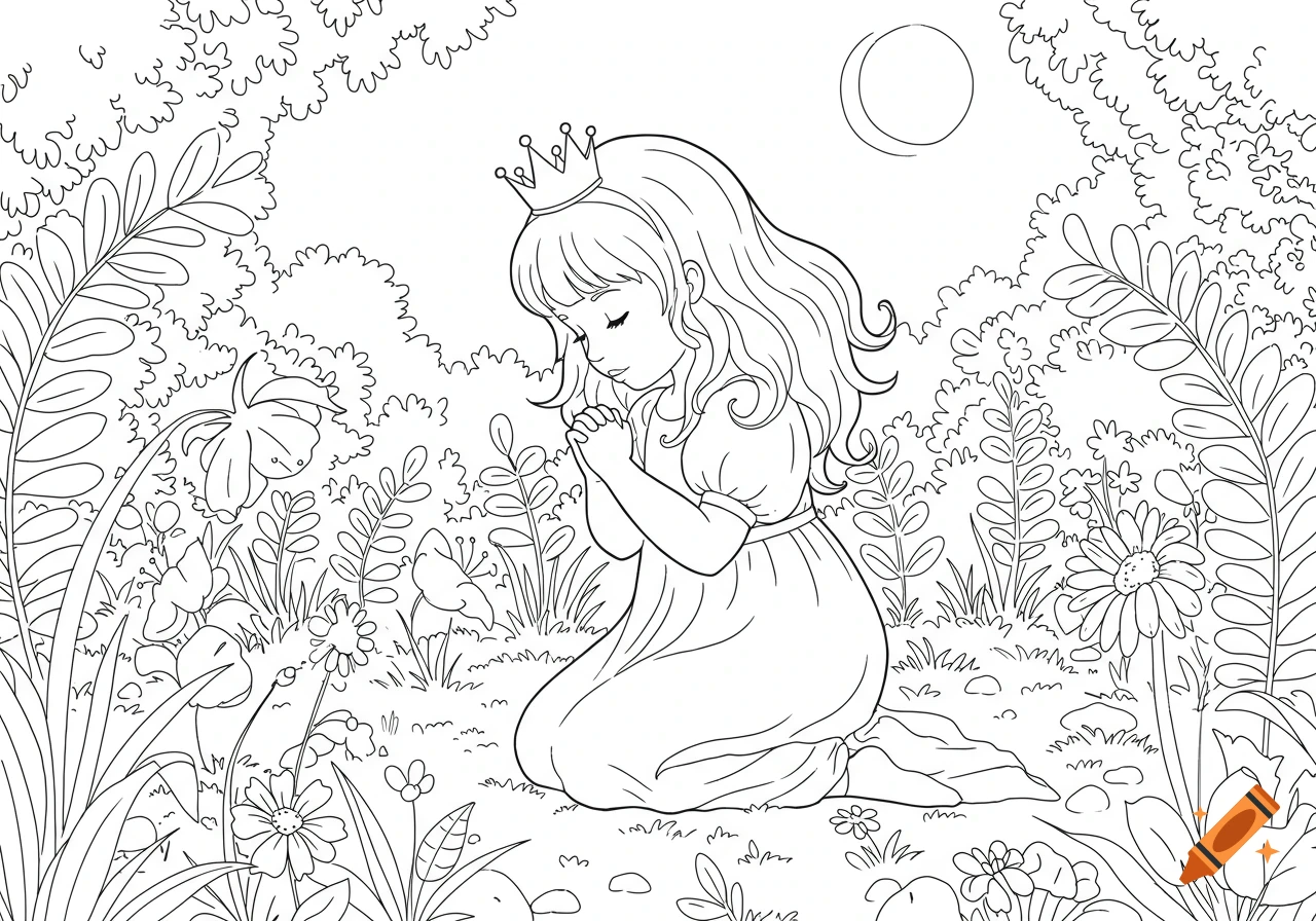A sweet little princess girl kneeling in prayer in a quiet garden, in black and white line art for a children's coloring page.