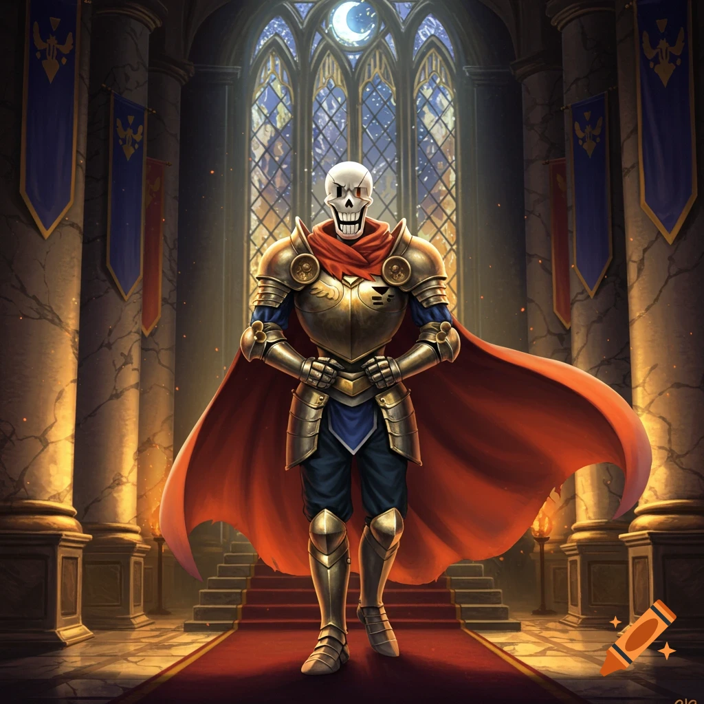 Papyrus, the skeleton from Undertale, dressed in golden royal guard armor with a red cape, stands heroically in a grand castle hall.