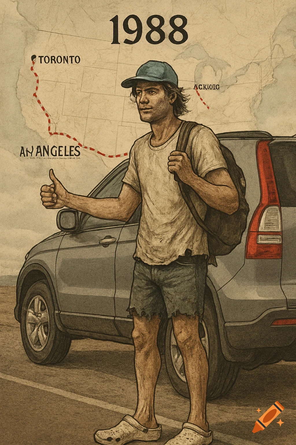 An illustration of a hitchhiking man in 1988, standing by a car with a map of the US in the background showing a route from Toronto to Los Angeles.