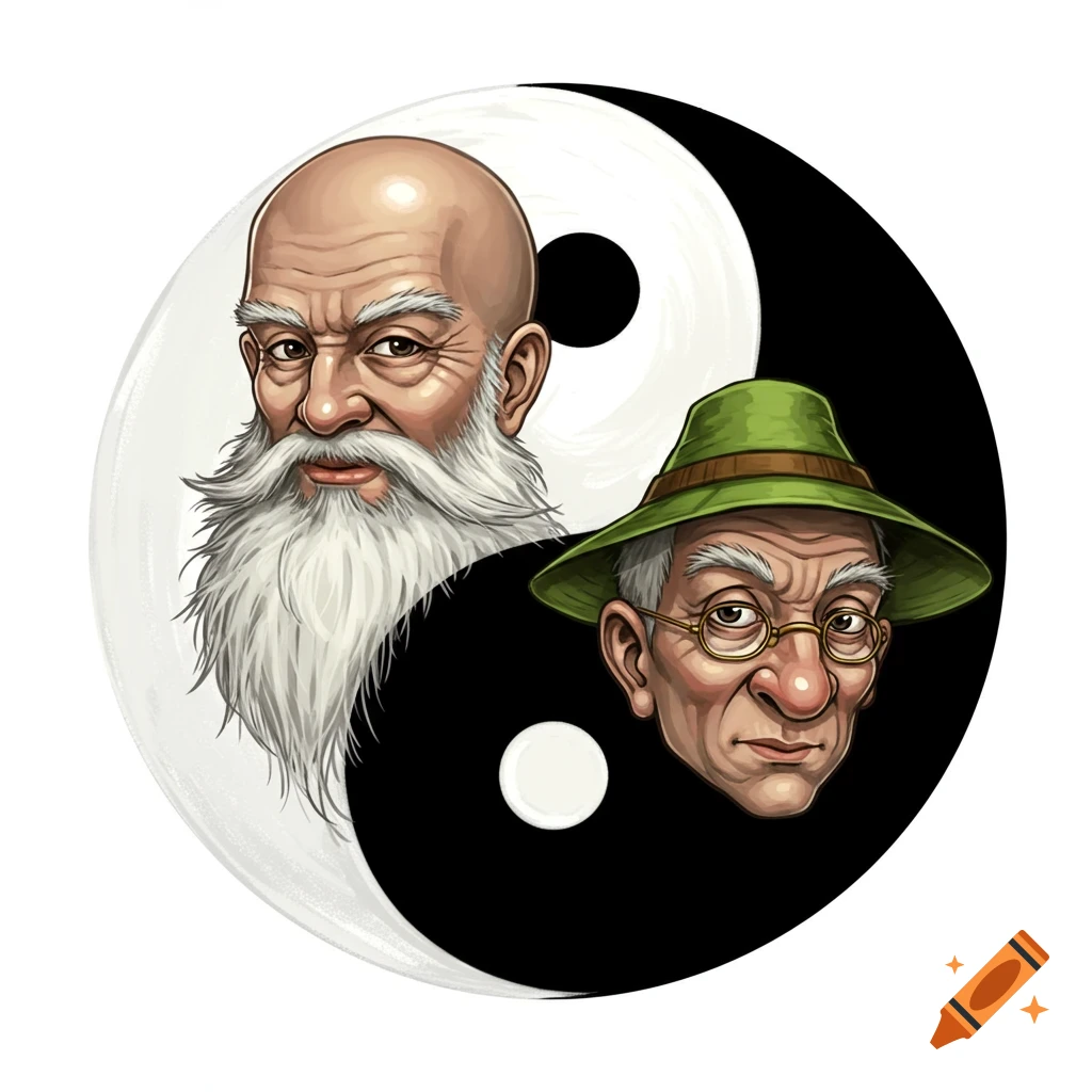 Stylized illustration of a Yin Yang symbol with two old men's faces: one bald with a white beard, the other with glasses and a green hat.