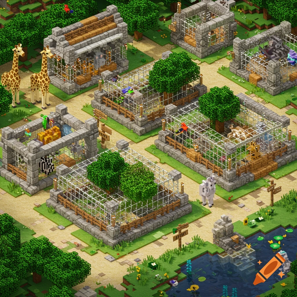 An isometric view of a blocky Minecraft-style zoo with various animal enclosures, pathways, trees, and a pond.