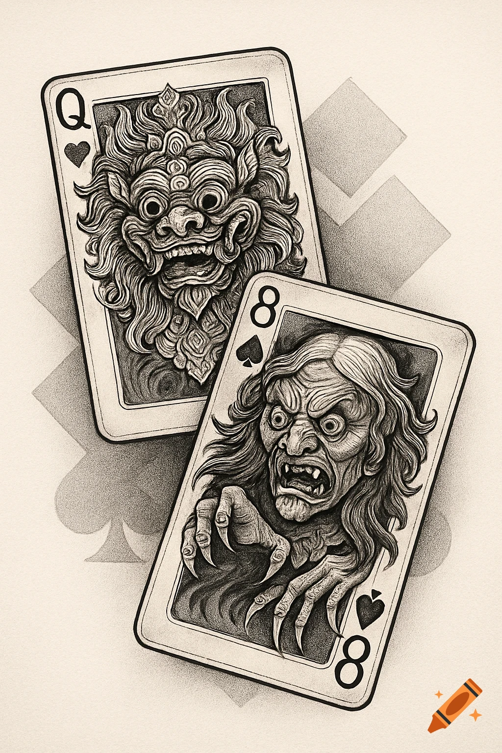 Detailed black and white illustration of two playing cards: a Queen of Hearts with a Barong mask and an Eight of Spades with a Rangda-like creature.