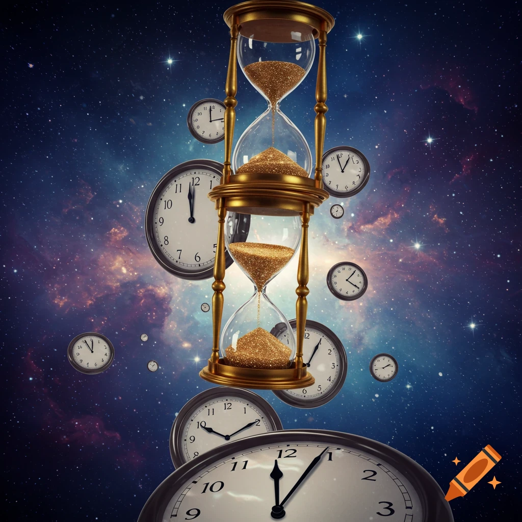 A golden hourglass with glittering sand floats in a starry cosmic background, surrounded by numerous clocks.
