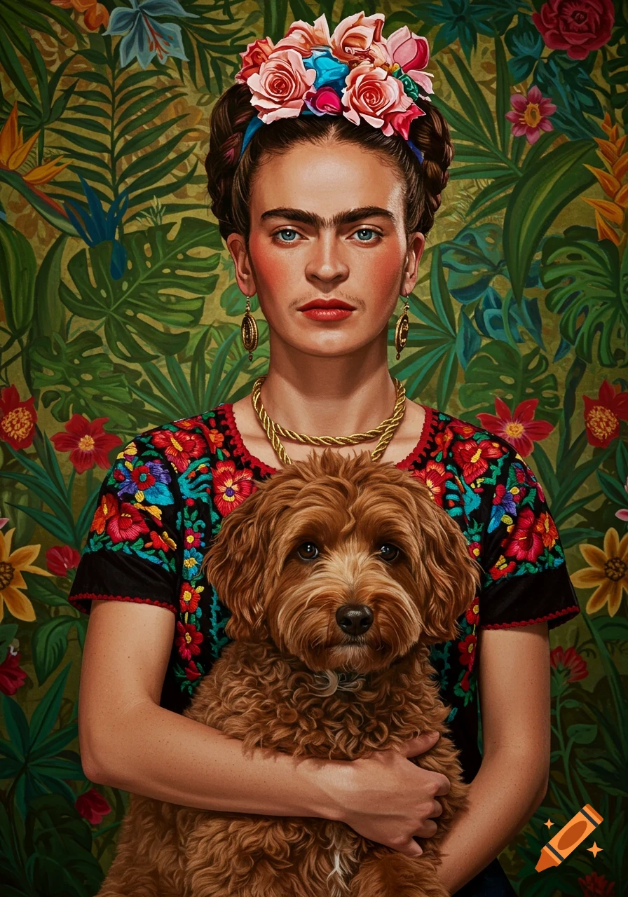 A portrait in the style of Frida Kahlo, showing a woman with a unibrow and mustache, wearing a floral headpiece and embroidered blouse, holding a fluffy brown dog against a vibrant tropical foliage background.