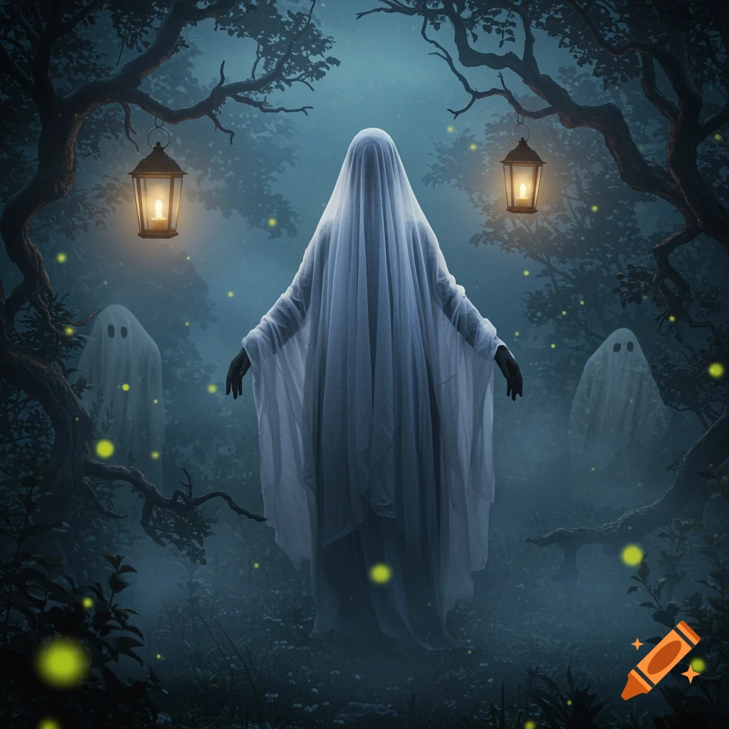 Three shrouded ghost figures float in a dark, misty forest illuminated by glowing lanterns and fireflies.