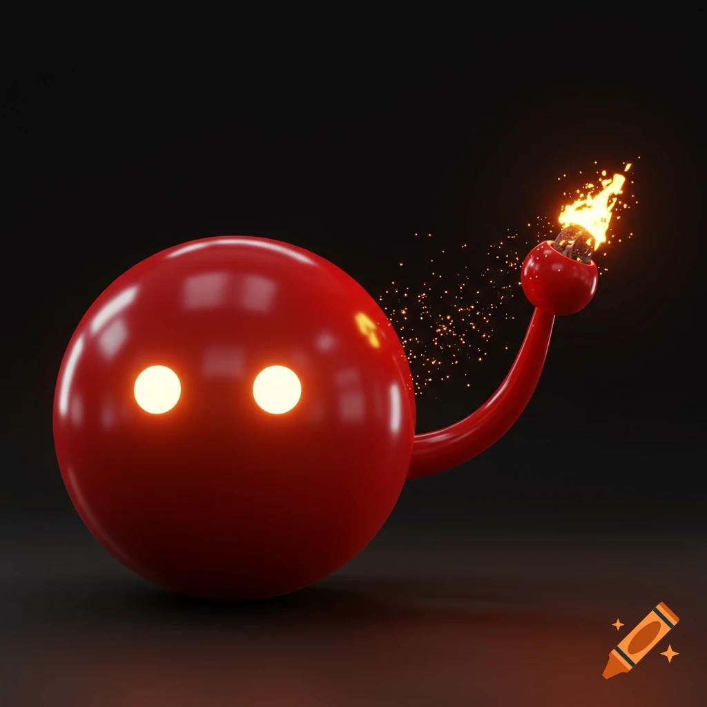 A red 3D rendered spherical creature with glowing eyes and a tail ending in a small flame.