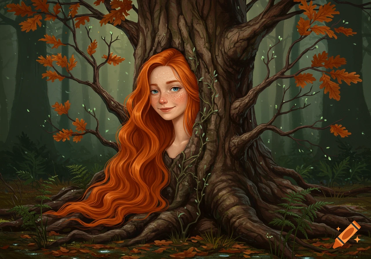 An illustration of a young woman with long red hair emerging from a large tree trunk in an autumn forest.