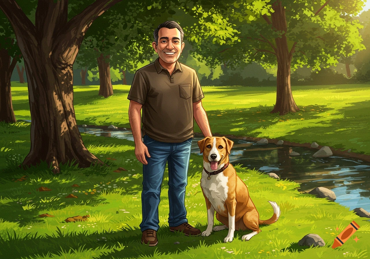 An illustration of a man standing next to a dog in a sunny park with trees and a stream.