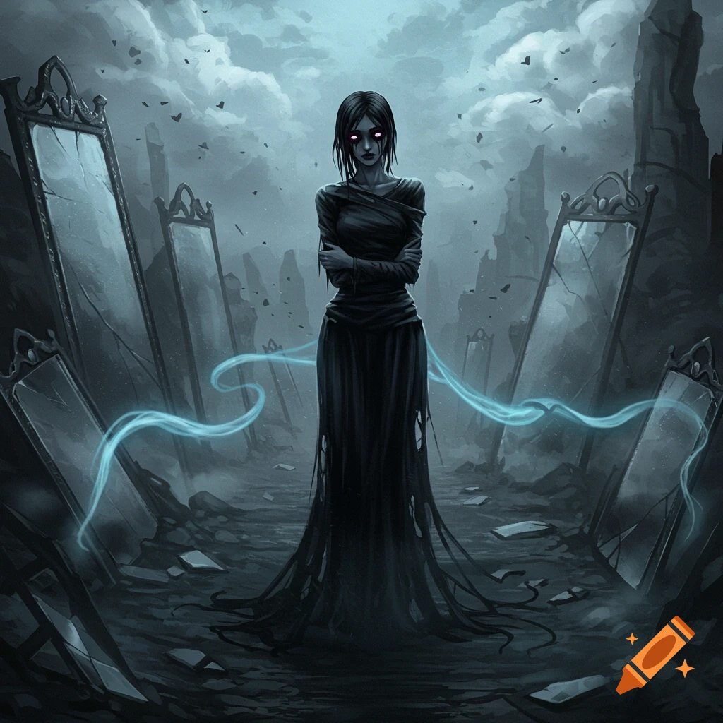 A dark-haired woman with glowing purple eyes stands in ragged clothes among broken mirrors in a desolate, cloudy landscape. Dark fantasy art.