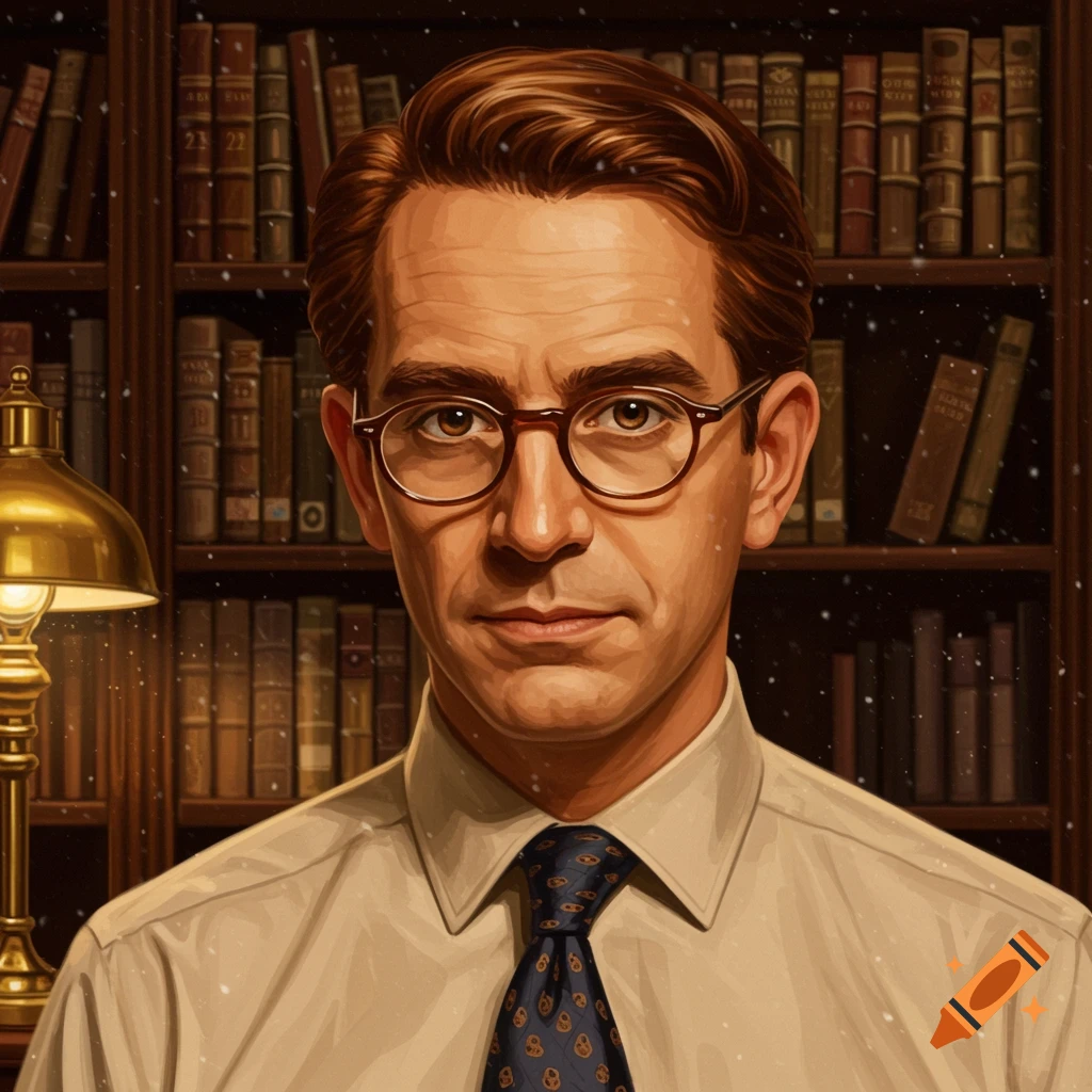 A distinguished man with brown hair and glasses, wearing a light shirt and dark tie, stands in front of a bookshelf.