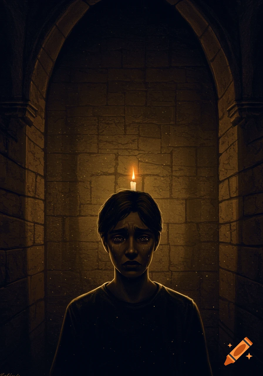 A digital painting of a crying person with a lit candle on their head, standing in a dark stone arched room.