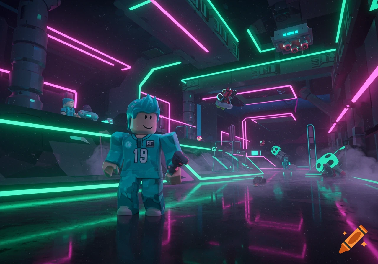 A Roblox character stands in a dark, futuristic room illuminated by neon pink and green lights, with other game elements in the background.