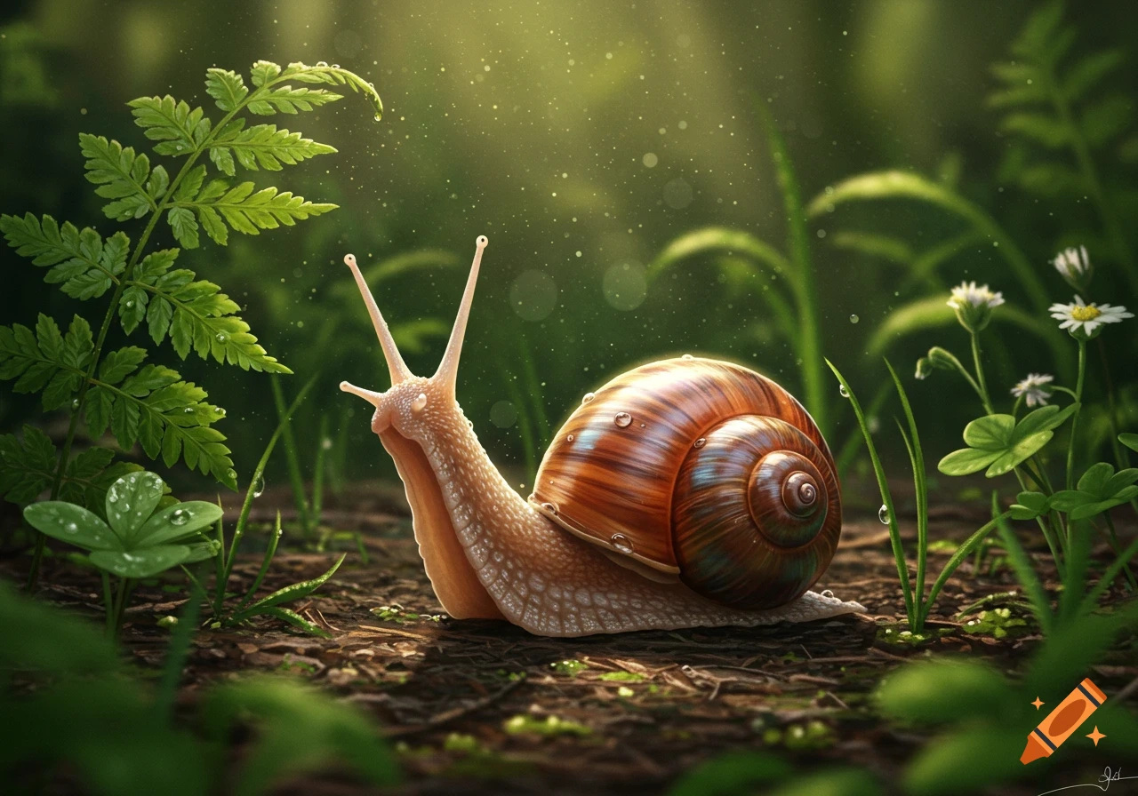 A photorealistic close-up of a shiny snail with a brown shell crawling on damp soil, surrounded by green plants and water droplets, with dappled sunlight in the background.