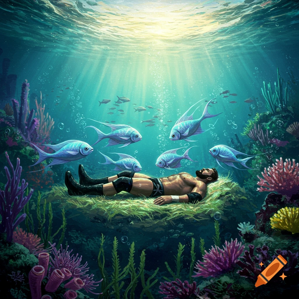 A wrestler rests on a bed of seaweed underwater, surrounded by glowing fish and vibrant coral with light rays overhead.