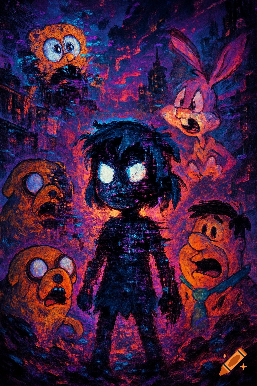 Pibby, Bunnicula, Jake the Dog, Fred Flintstone, and an owl character in a dark, glitchy, corrupted cartoon style.