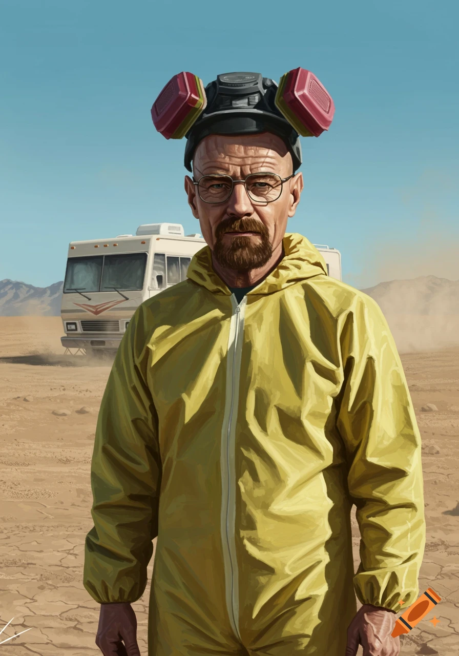 Walter White in a yellow hazmat suit and respirator stands in a desert with an RV in the background, illustrated in a painterly style.