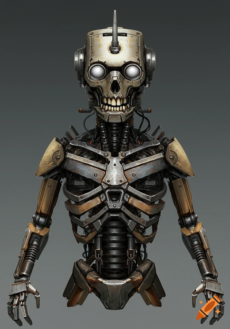 A detailed bust of an industrial robot with a skull-like face and oversized white eyes, featuring a mechanical ribcage.