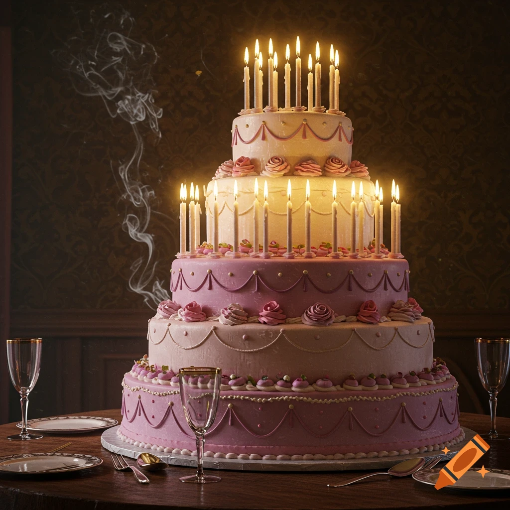 A tall, pink and white four-tier birthday cake adorned with many lit candles, set on a table with elegant place settings in a dimly lit room, photorealistic.