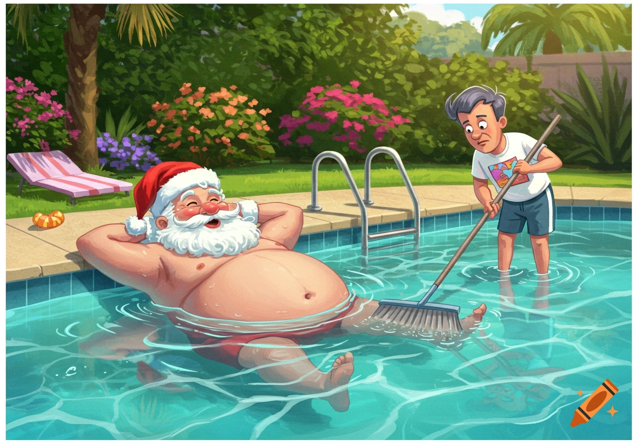 Cartoon illustration of Santa Claus relaxing in a swimming pool while a man cleans it with a brush, surrounded by lush green plants and flowers.