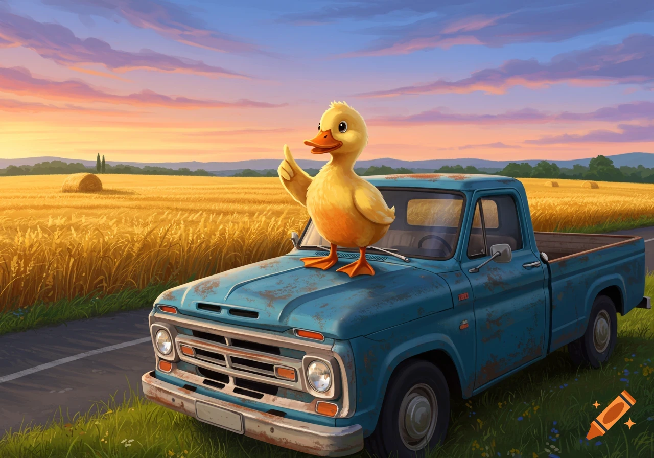A cartoon duck stands on the hood of an old blue pickup truck in a golden wheat field at sunset, giving a thumbs up.