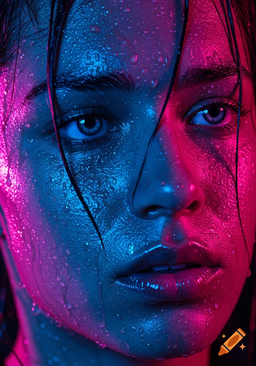 Close-up hyper-realistic portrait of a person's face with wet skin and water droplets, illuminated by dramatic blue and pink neon light.
