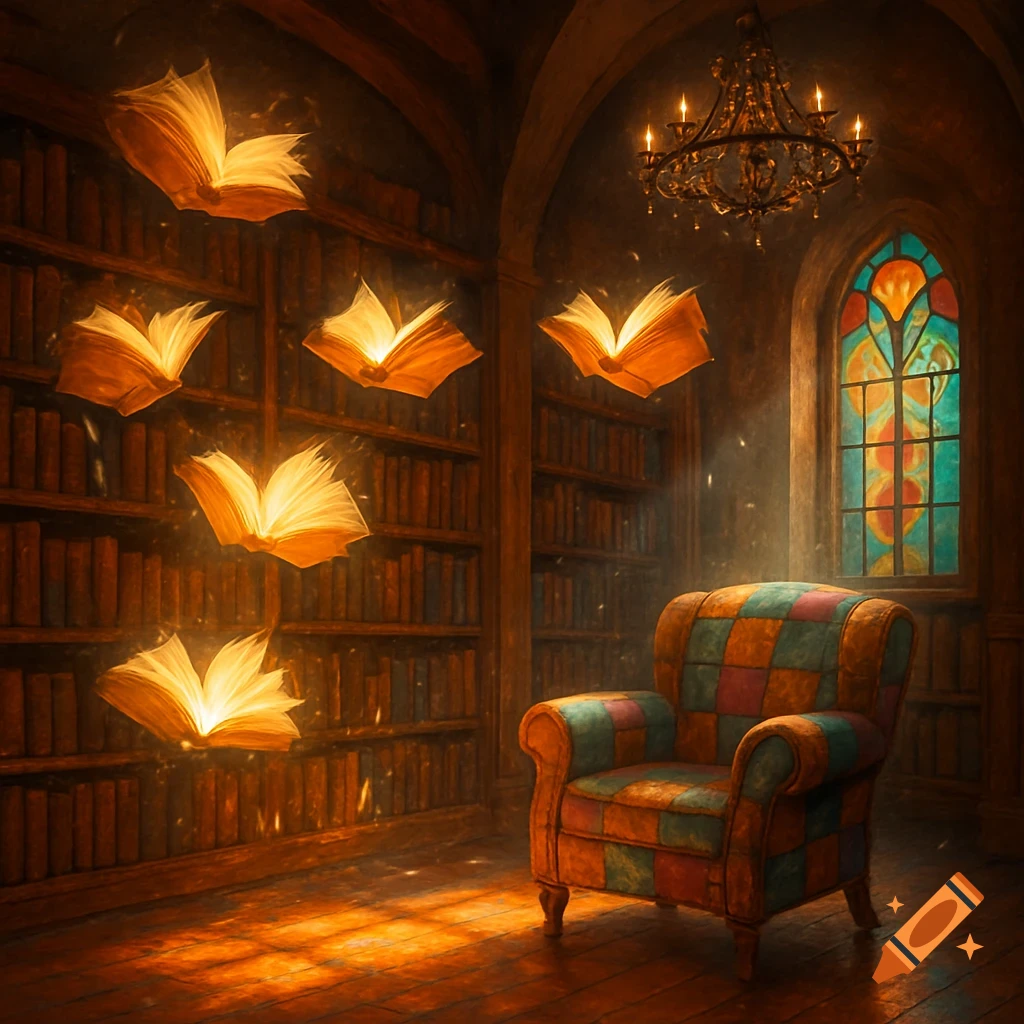 Magical library room with wooden bookshelves, a checkered armchair, stained-glass window, and glowing books floating in air.
