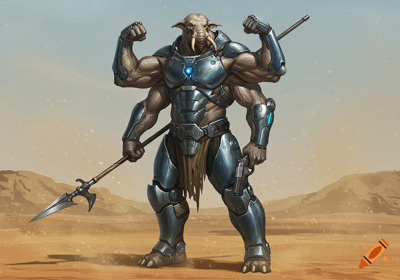 A muscular, four-armed Shobhad alien in carbon plate armor, holding a spear and a pistol, stands in a desert landscape.