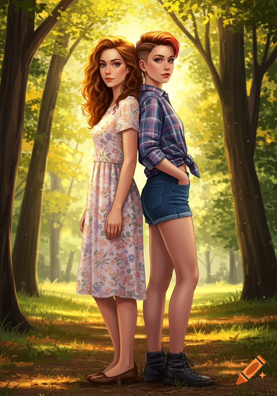 Two stylized women stand back to back in a sunlit forest, one in a floral dress, the other in a plaid shirt and shorts.