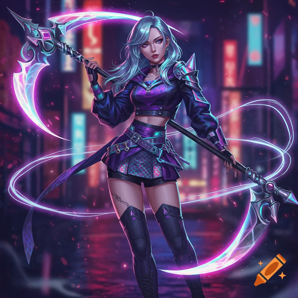 An anime-style woman with light blue hair in a purple outfit and armor holds a glowing scythe in a neon cyberpunk city.