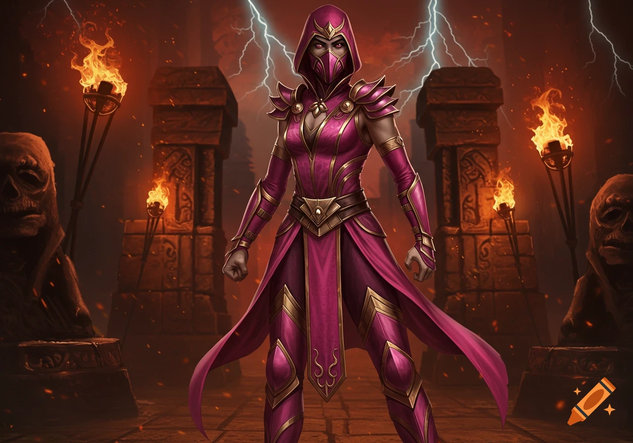 A powerful female character in a pink hooded costume and armor stands in a dark, stormy ruin with torches and lightning.