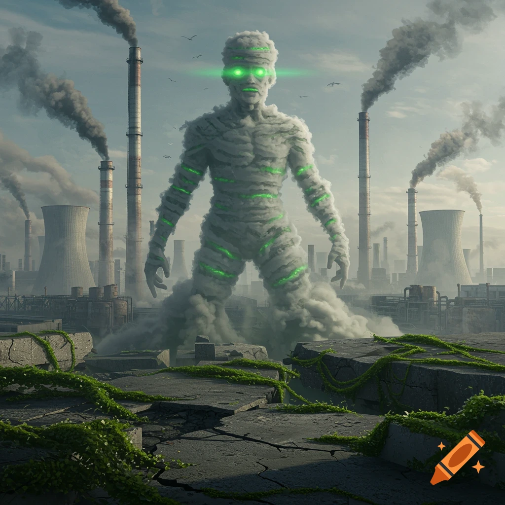 A towering creature made of grey smoke with glowing green eyes stands in a desolate industrial landscape with smoking factory chimneys.