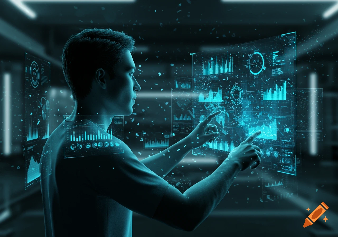 A young man interacts with multiple glowing blue holographic data displays in a dark, futuristic environment.
