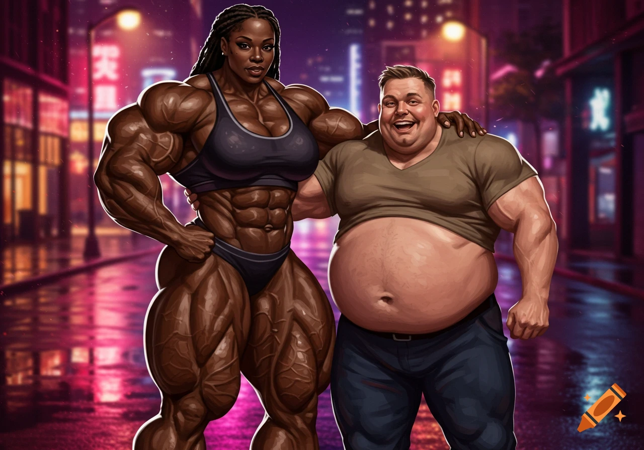 A hyper-muscular Black woman in a black sports bra and briefs stands next to an overweight white man, smiling, on a rainy city street at night.