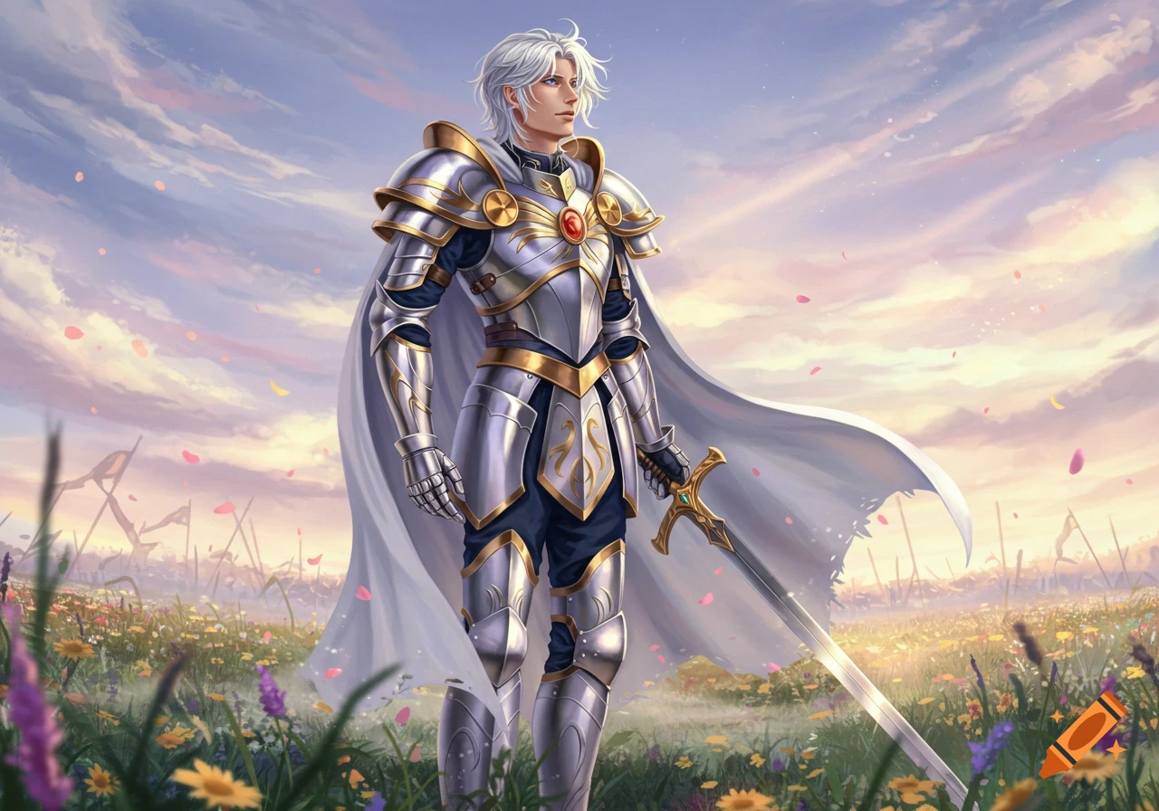 An anime knight in silver and gold armor stands in a field of flowers under a cloudy sky.