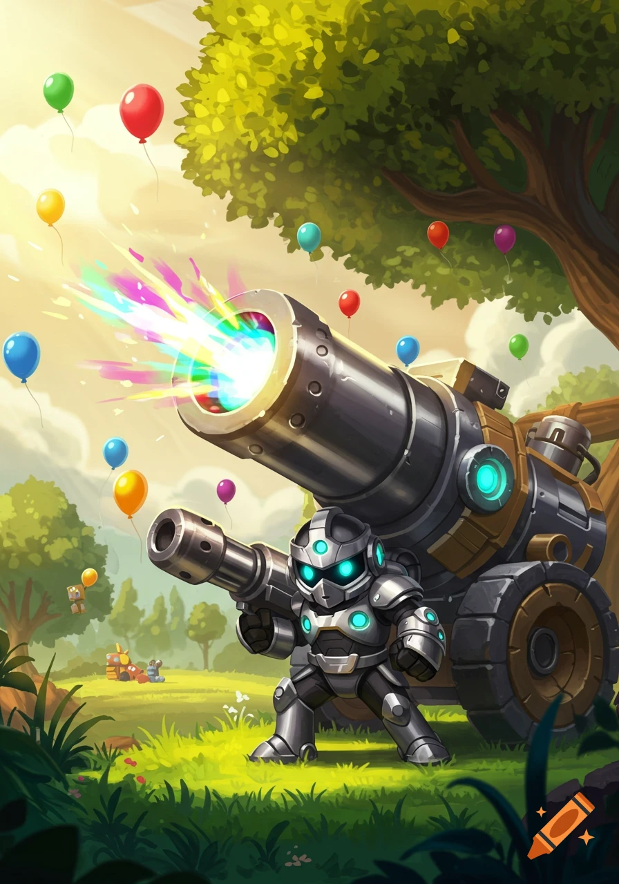 A small gray robot with blue glowing eyes stands next to a large cannon firing a rainbow laser beam in a whimsical field with colorful balloons and a tree.