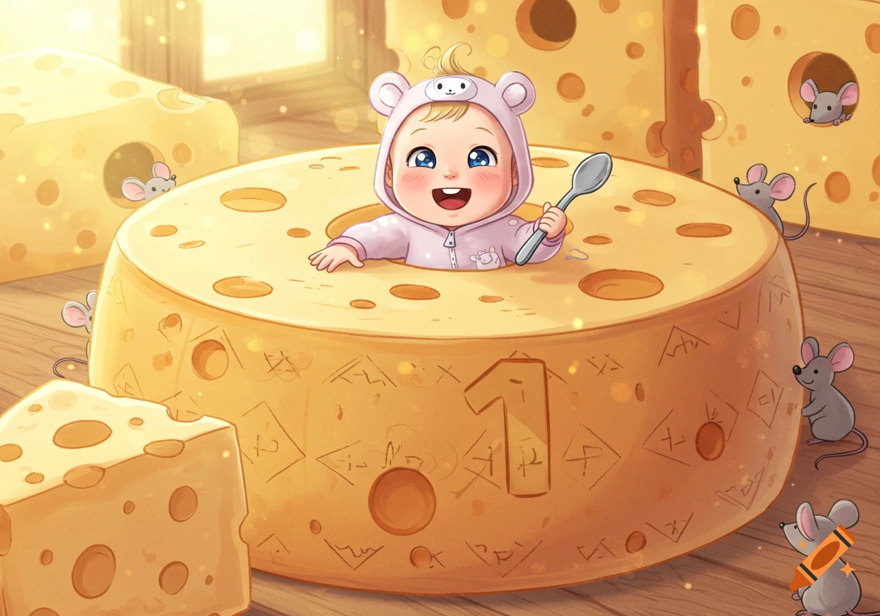 A happy baby in a mouse costume sits inside a large cheese wheel, holding a spoon. Several small mice are around the cheese.