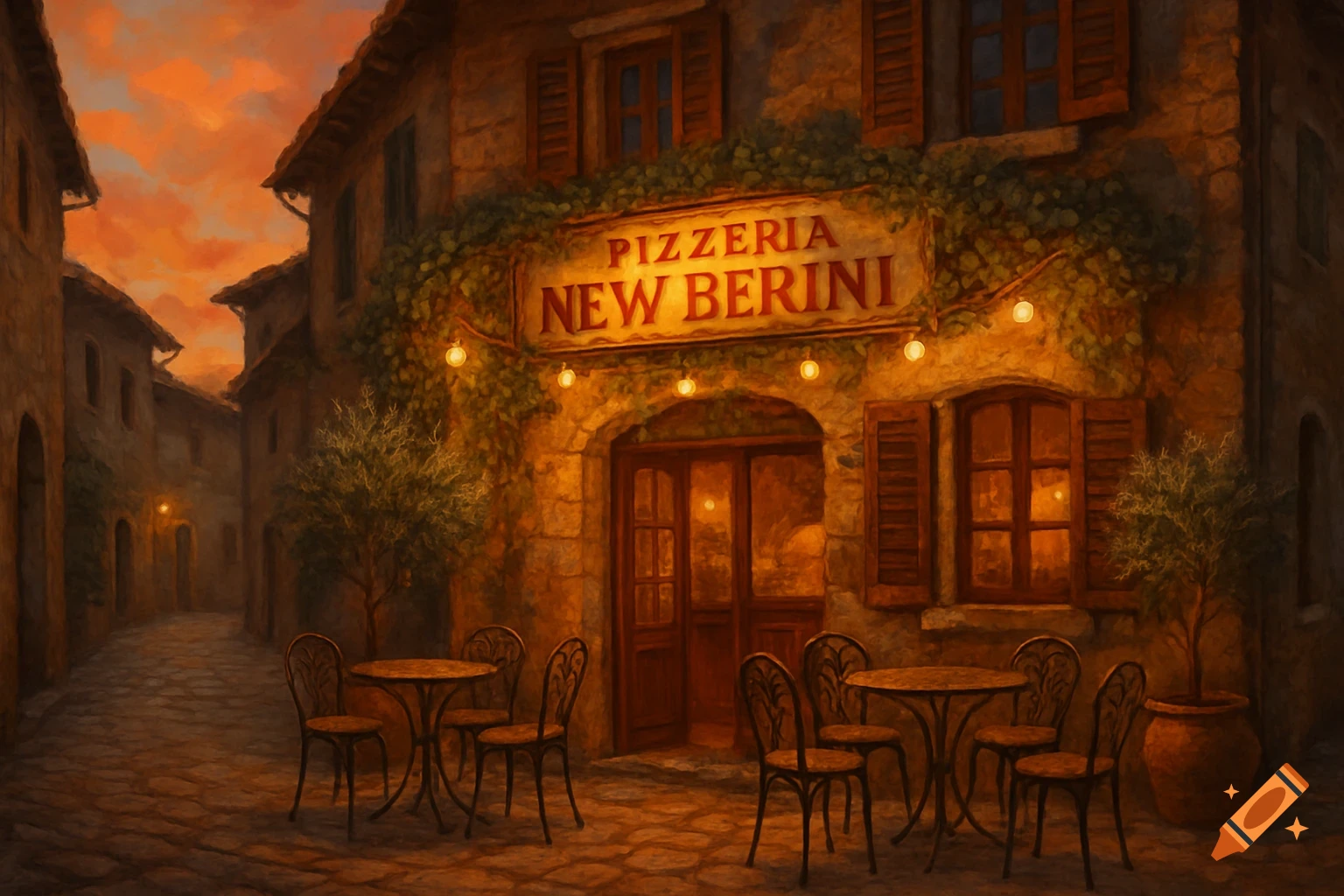 A charming pizzeria named New Berini on a cobbled street at dusk, lit by string lights, with outdoor tables and chairs, in a painterly style.