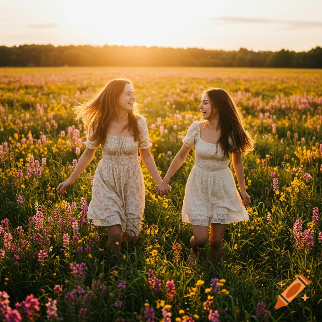 Two young women holding hands, laughing, and walking through a vibrant flower field at sunset.